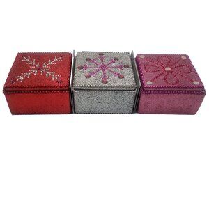 Set Of 3 Pier 1 Imports Jeweled Beaded Holiday Gift Ring Boxes Red Silver Pink